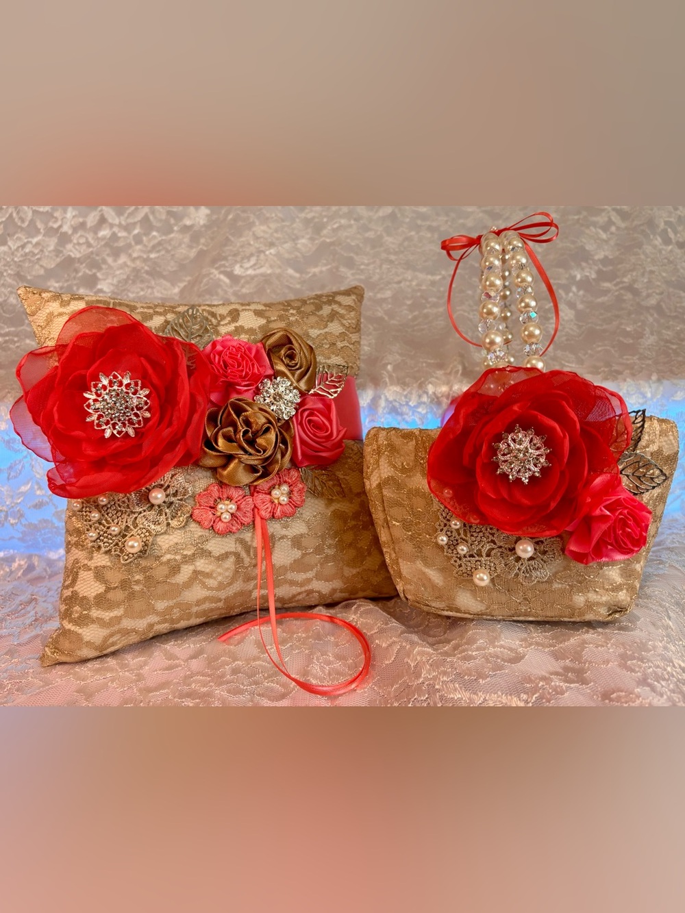 🌷 Handmade Coral Champagne and Ivory Ring Pillow and Flower Basket Set